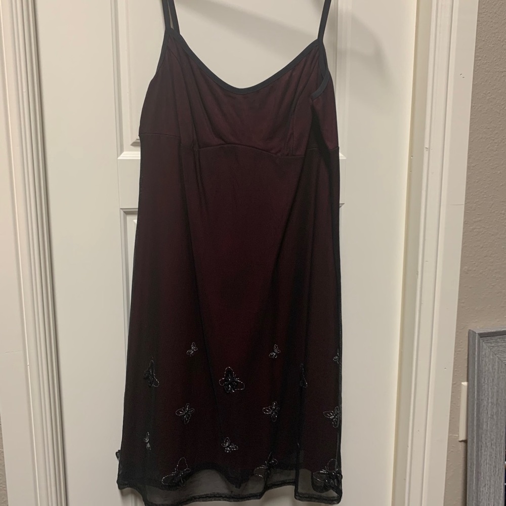 Maroon and black mini dress.
